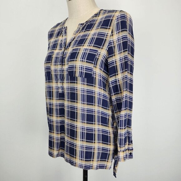 Joie Nepal Plaid Silk Popover Blouse M Long Sleeve Blue Yellow White Lightweight - Picture 2 of 9